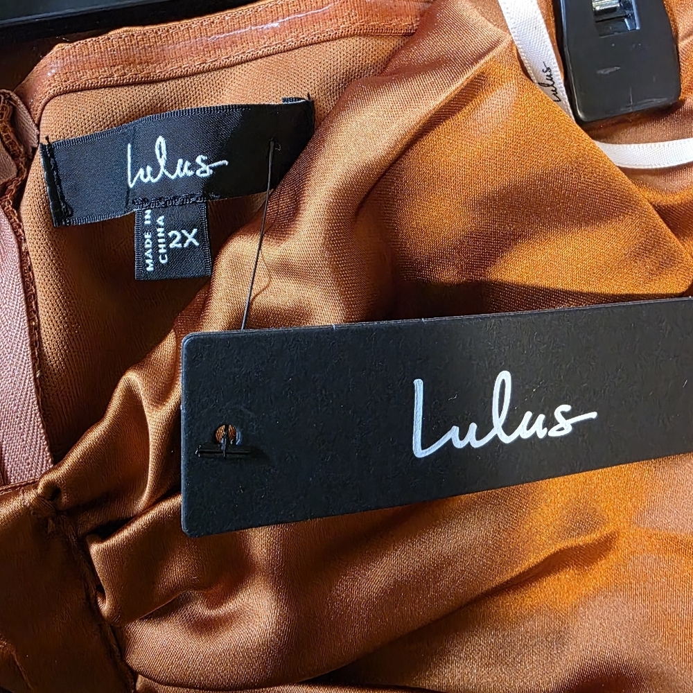 Lulus 2X Memorable Entrance Rust Orange Strapless Satin Maxi Dress, Size 2X - Picture 9 of 11